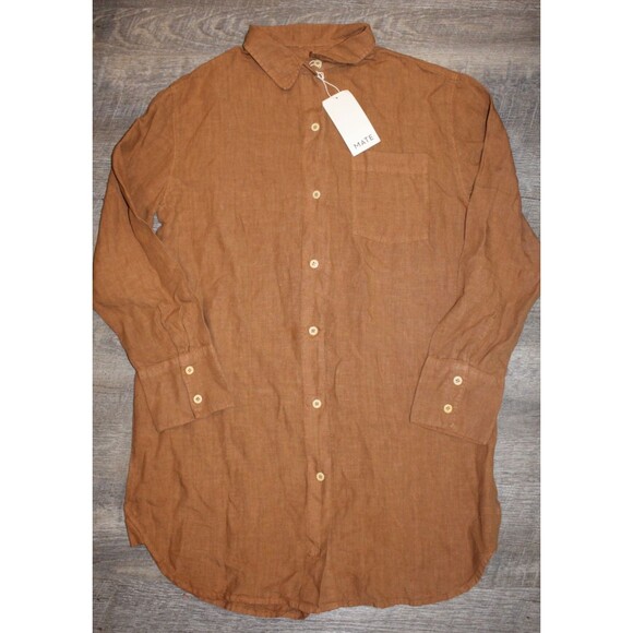 NWT Mate The Label 100% Linen Mini Button Down Shirt Dress SED Brown Sz M $158 - Picture 3 of 8